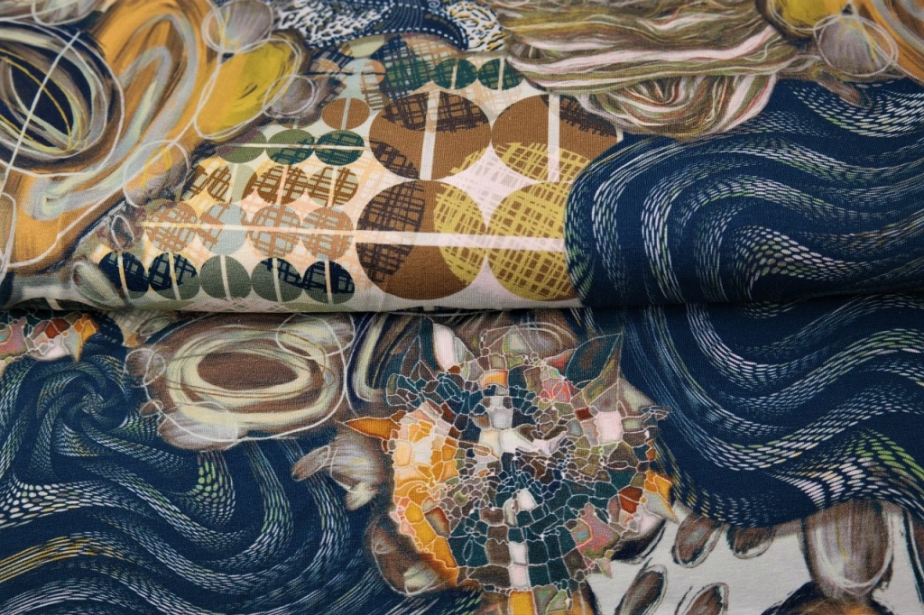 tissu jersey digital "Mosaique en bleu et or" OEKO TEX