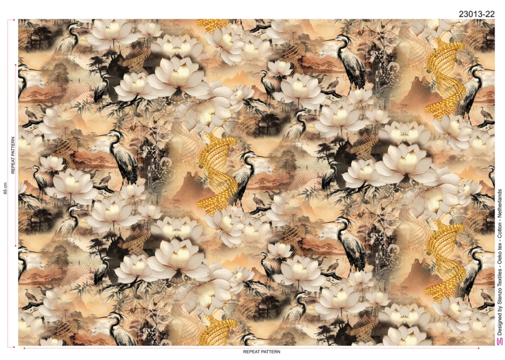 tissu viscose "oiseaux de Lotus" OEKO TEX