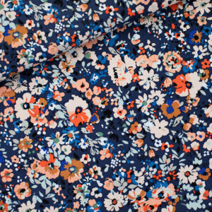 Gabardine - Toile de coton - "Flowers Joy" - Bleu Océana